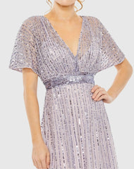 Purple Embellished Short Sleeve Empire Waist Dress
