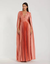 Pink Pleated Charmeuse V Neck Gown With Cape
