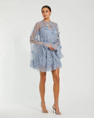 Blue Embellished Long Sleeve Trapeze Dress with Ruffle Hem