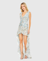 Blue Floral Print Ruched Cap Sleeve High Low Gown