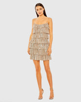 Gold Beaded Strap Sequin Ruffle Mini Dress