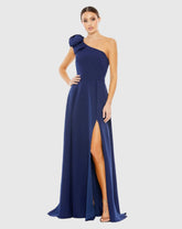 Navy Bow One Shoulder A Line Gown