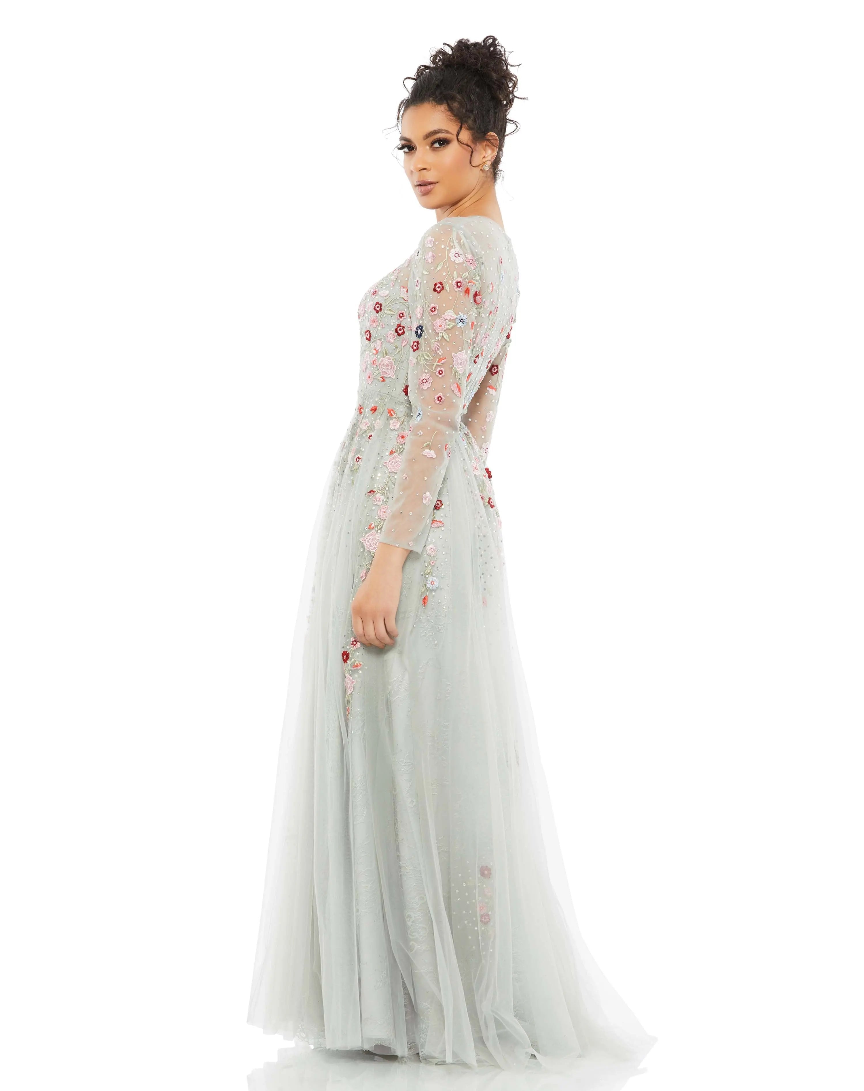 Gray Embroidered Illusion High Neck Long Sleeve A Line Gown