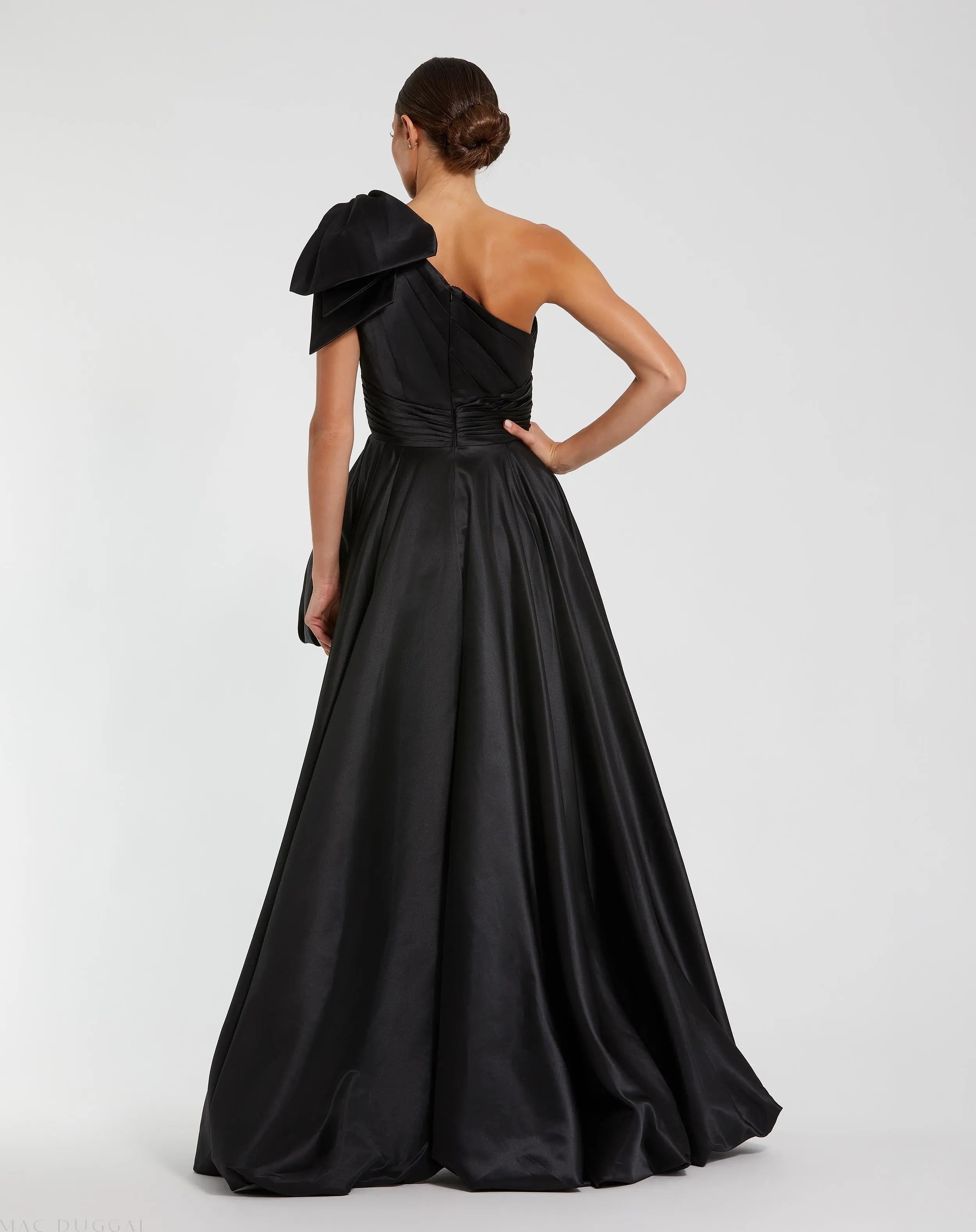 Black Satin One Shoulder Bow Gown