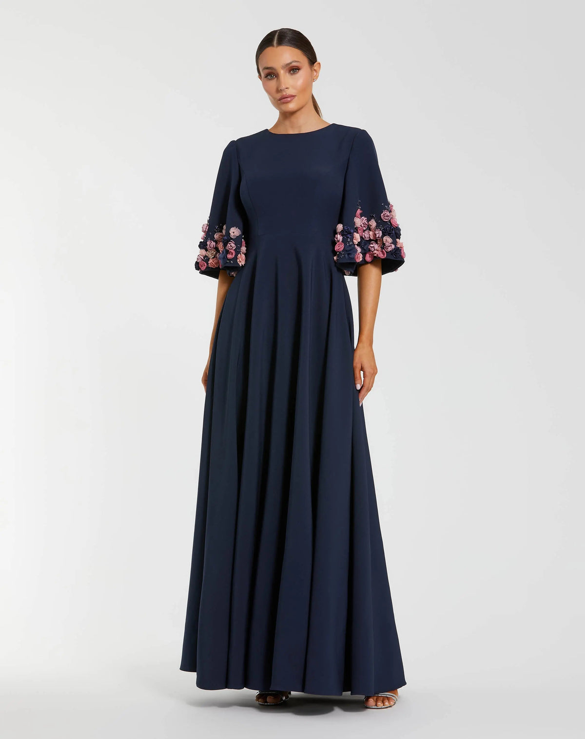 Crepe 3/4 Sleeve A-line Gown With Flower Trim
