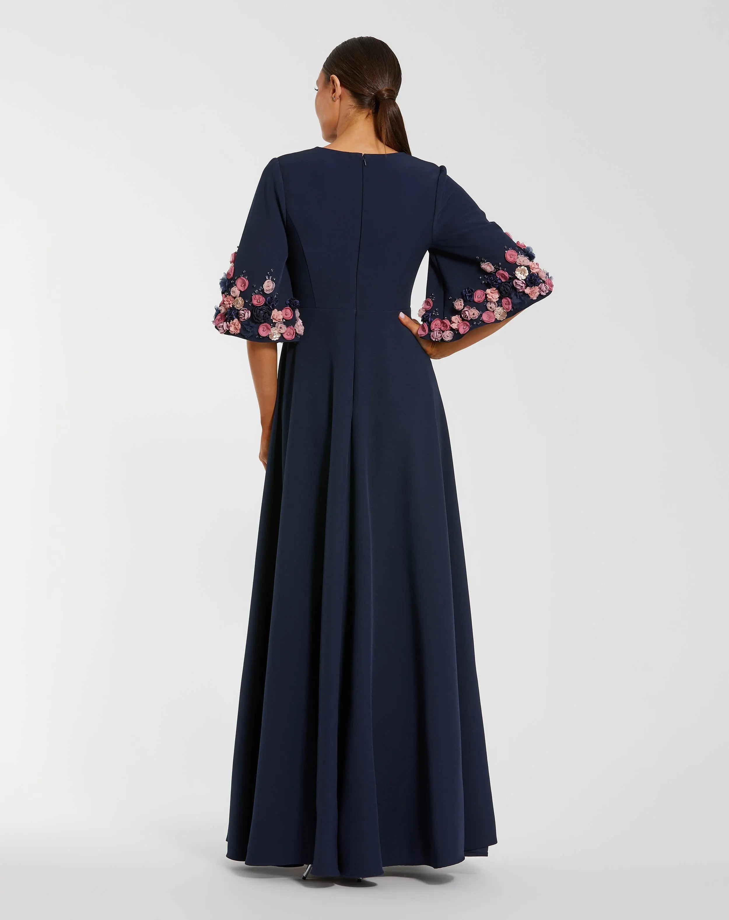 Navy Crepe 3/4 Sleeve A-line Gown With Flower Trim