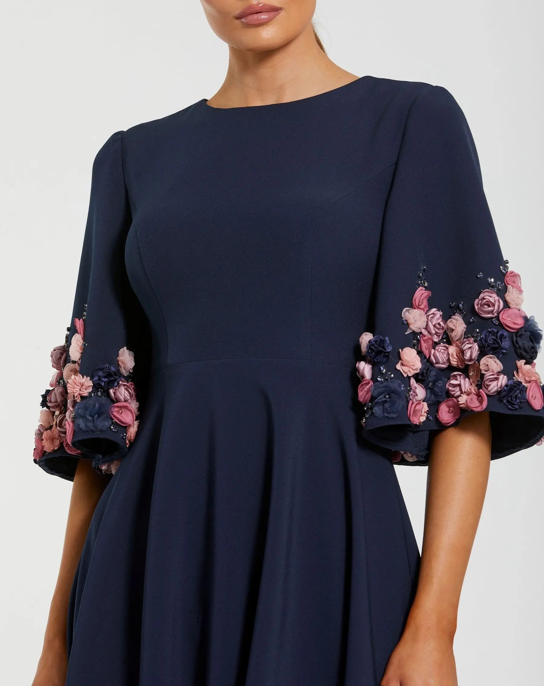 Navy Crepe 3/4 Sleeve A-line Gown With Flower Trim