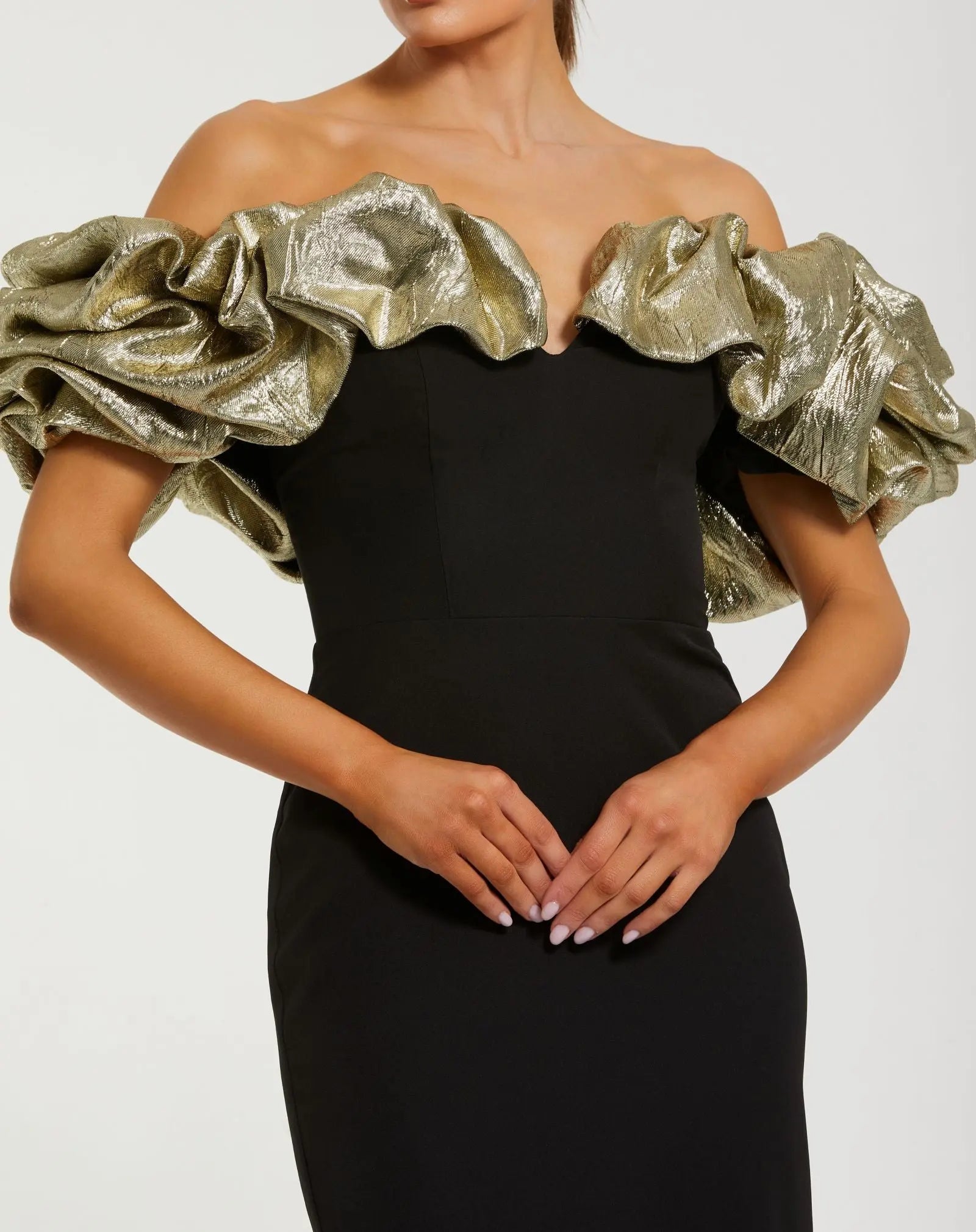 Black Mermaid Gown With Off The Shoulder Ruffle Detail
