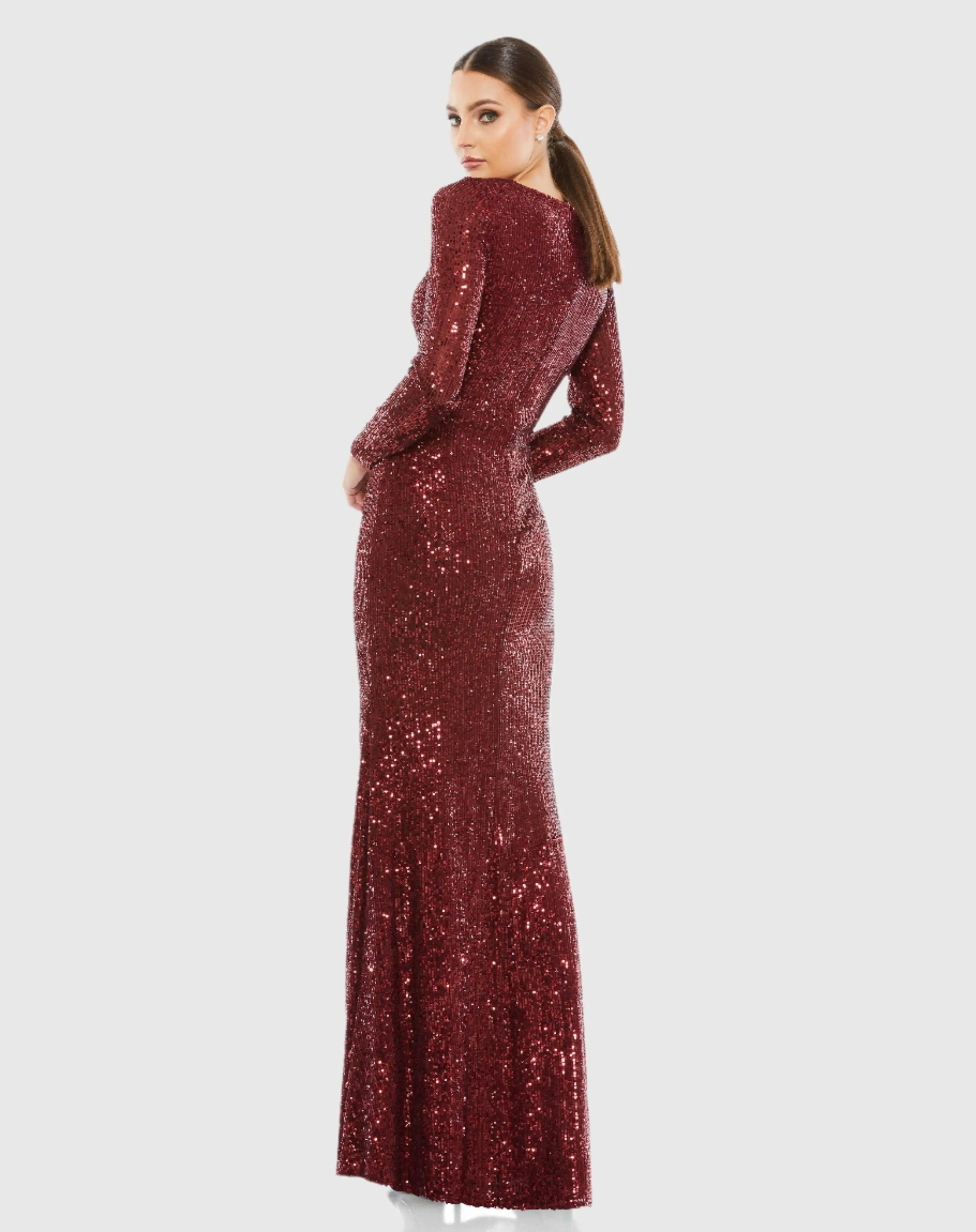 Red Sequined Faux Wrap Long Sleeve Column Gown
