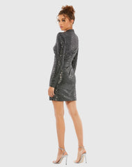 Black and Silver High Neck Long Sleeve Two Tone Mini Dress