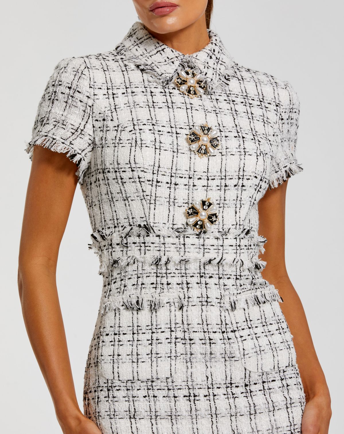 White Fitted Boucle  Short Sleeve Button Up Midi Dress