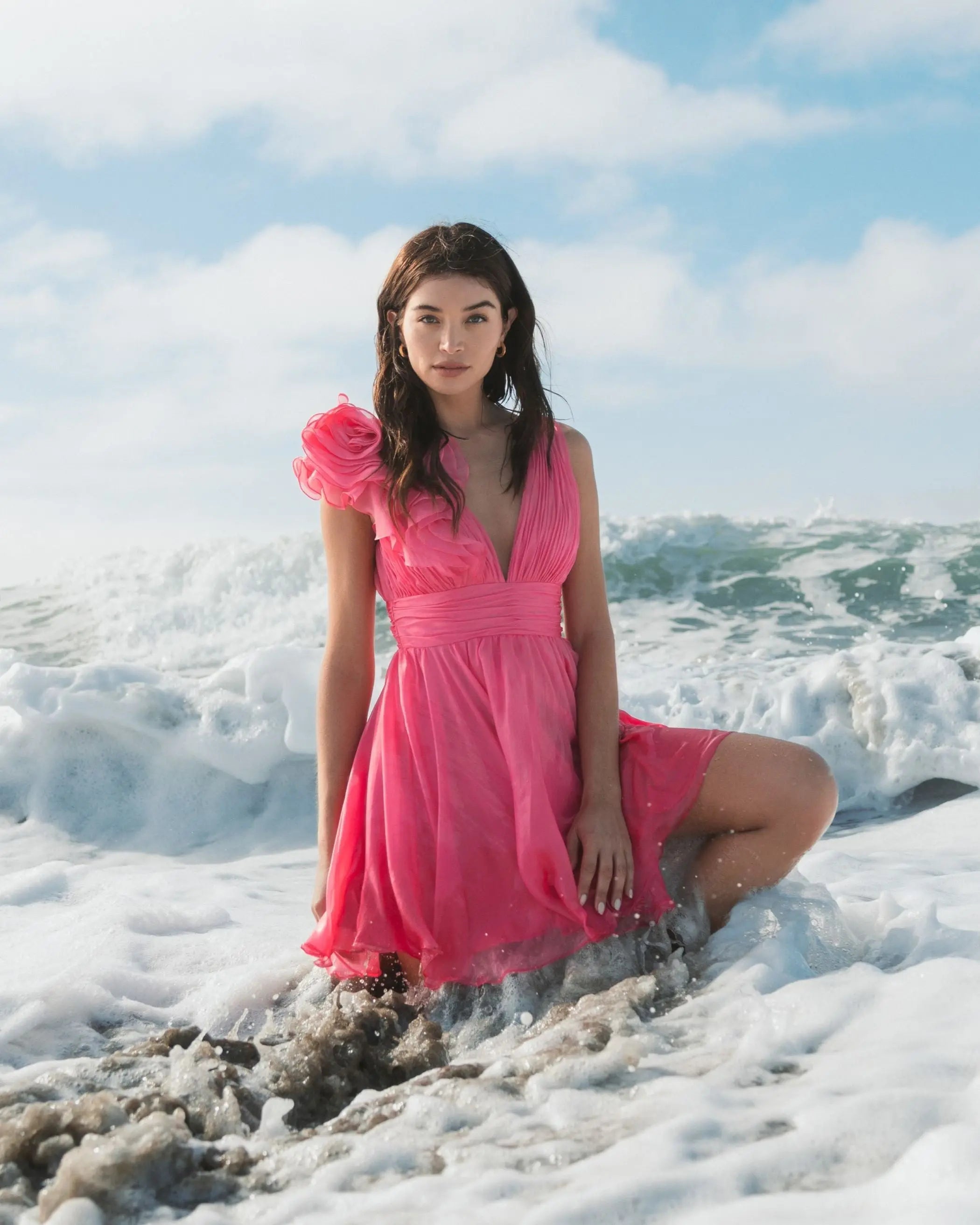 Pink Ruffle V Neck Fit & Flare Mini Dress