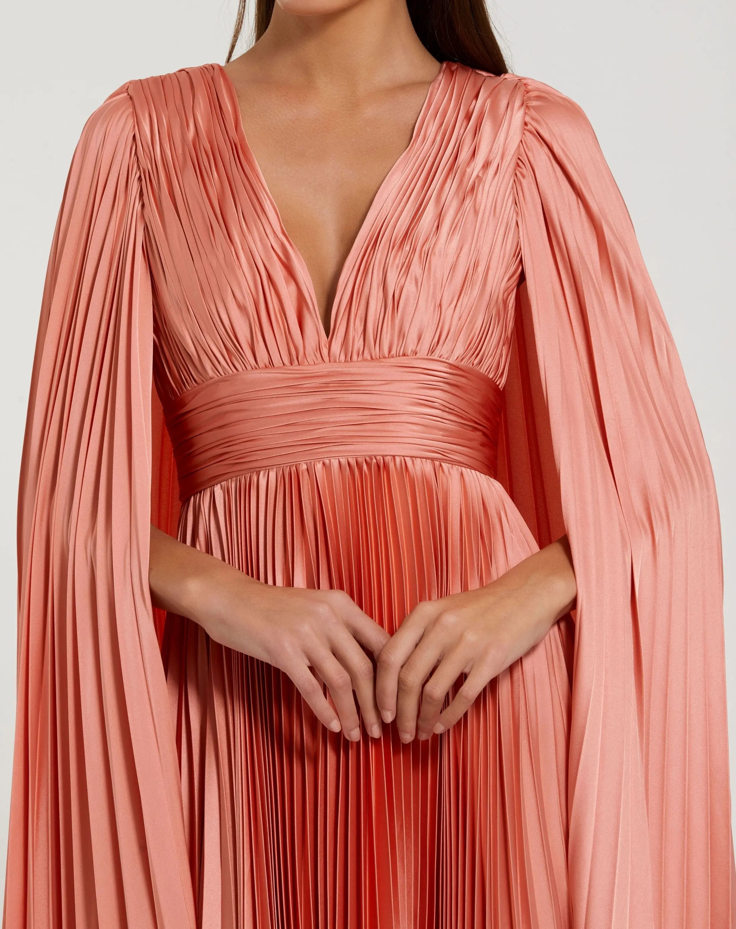 Pink Pleated Charmeuse V Neck Gown With Cape