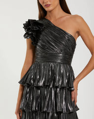 Dark Gray Pleated Metallic Ruffled One Shoulder Gown