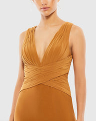 Brown Pleated Bodice Jersey Column Gown
