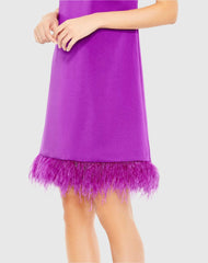 Purple Feathered Hem High Neck Sleeveless Trapeze Dress