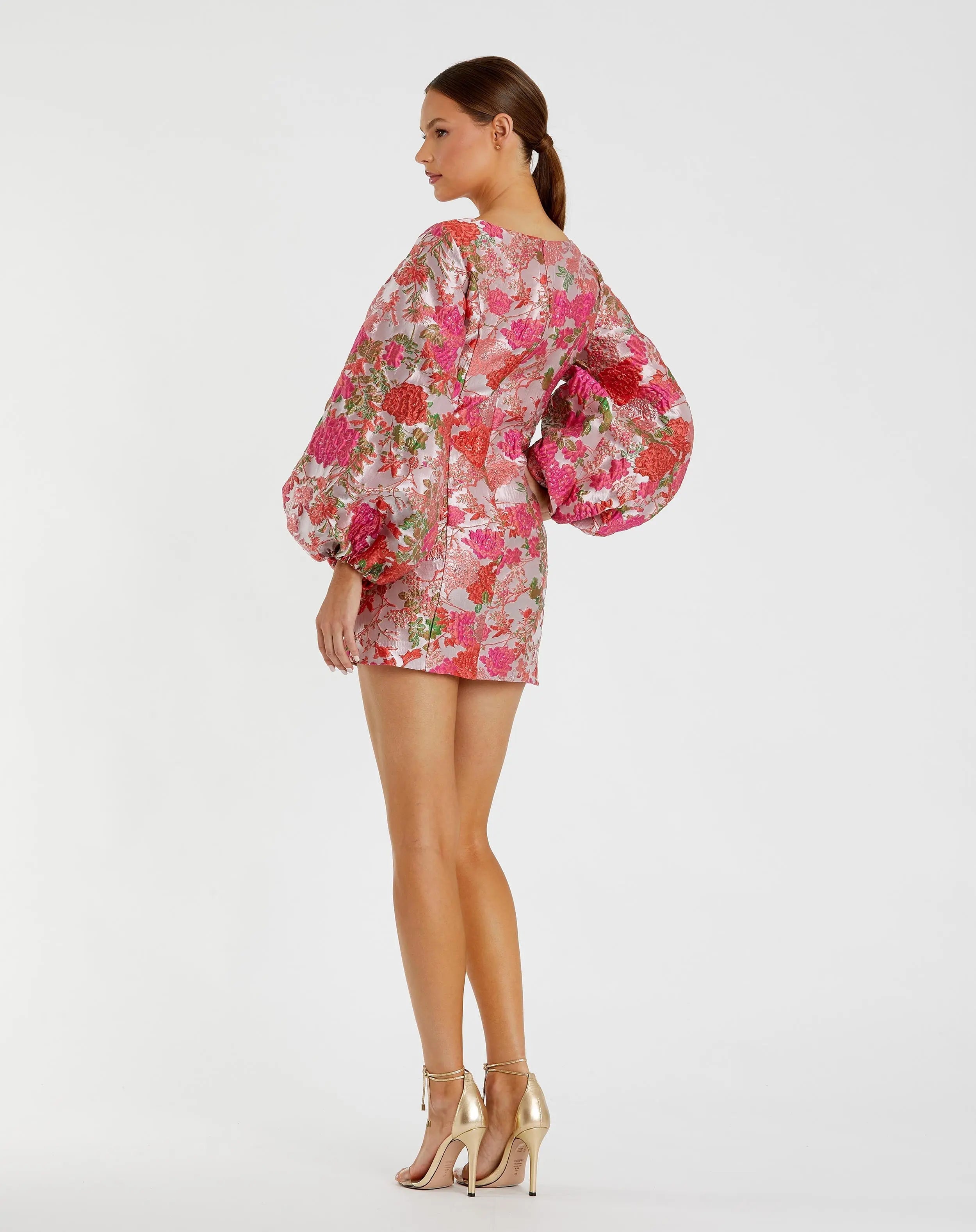 Pink Floral Brocade Balloon Sleeve Mini Dress