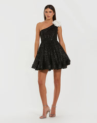 Black One Shoulder Sequin Mini Dress With 3D Flower
