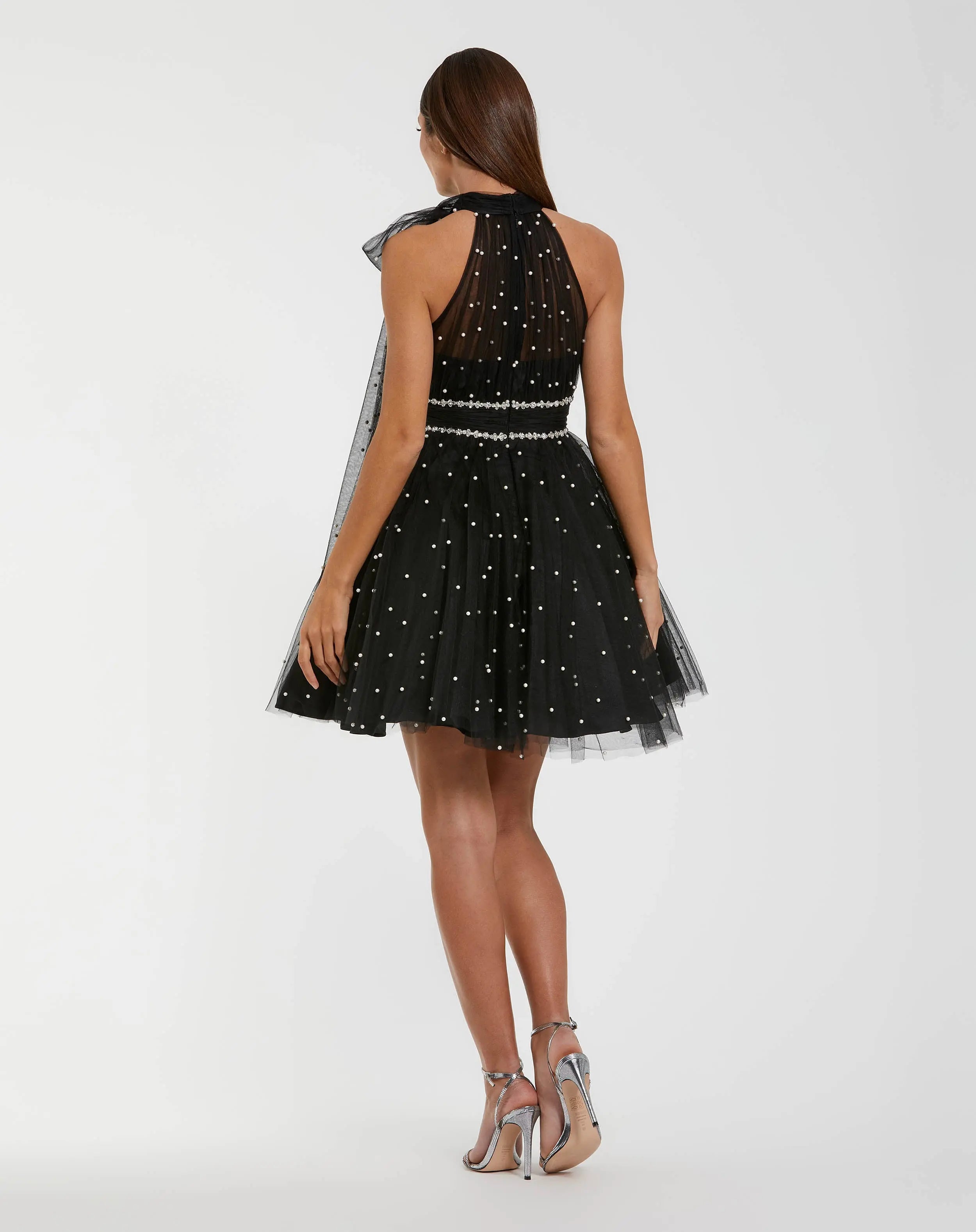 Black Pearl Embellished A Line Mini Dress with Bow