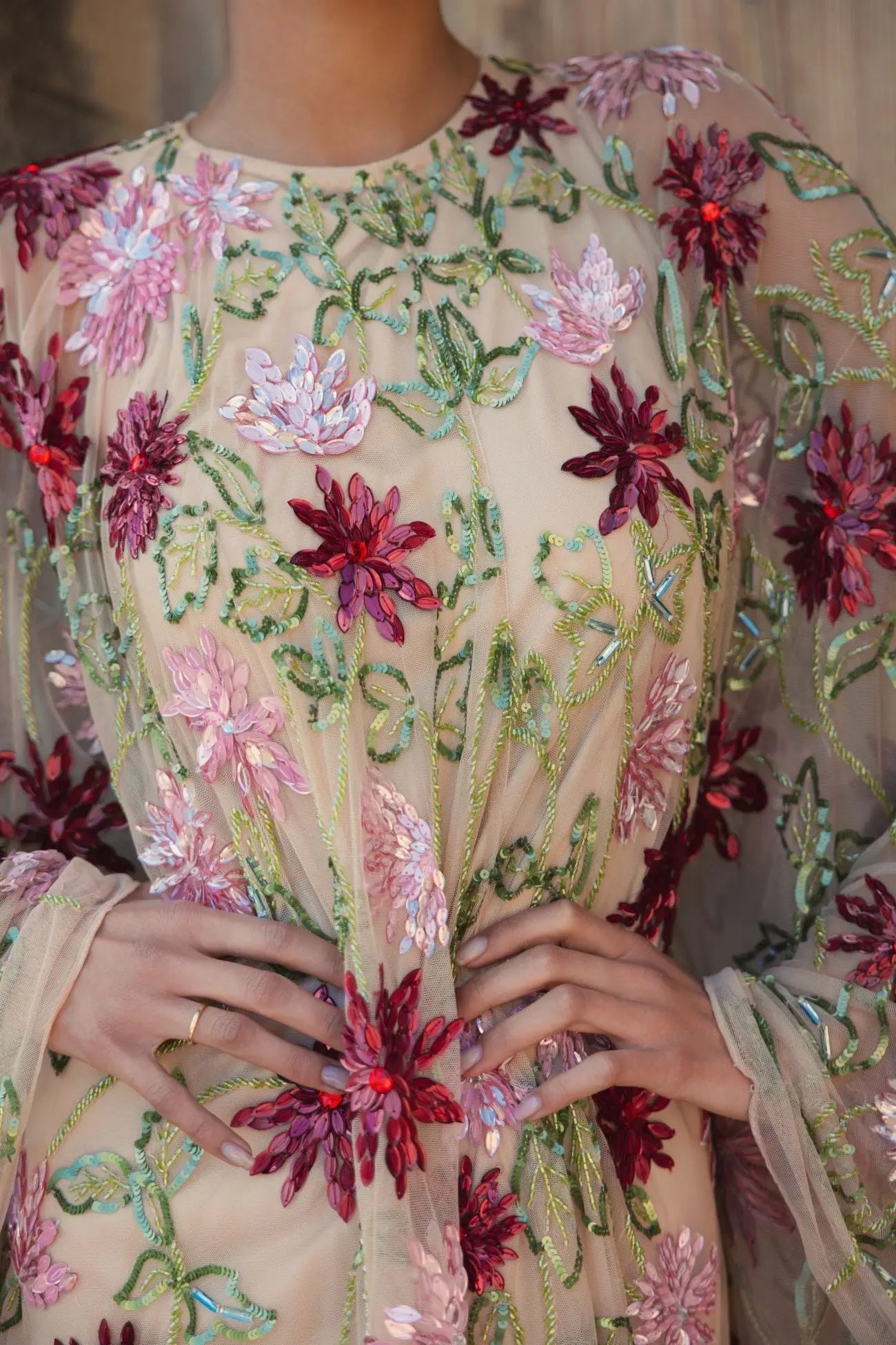 Beige Floral Embellished Shawl Mini Dress