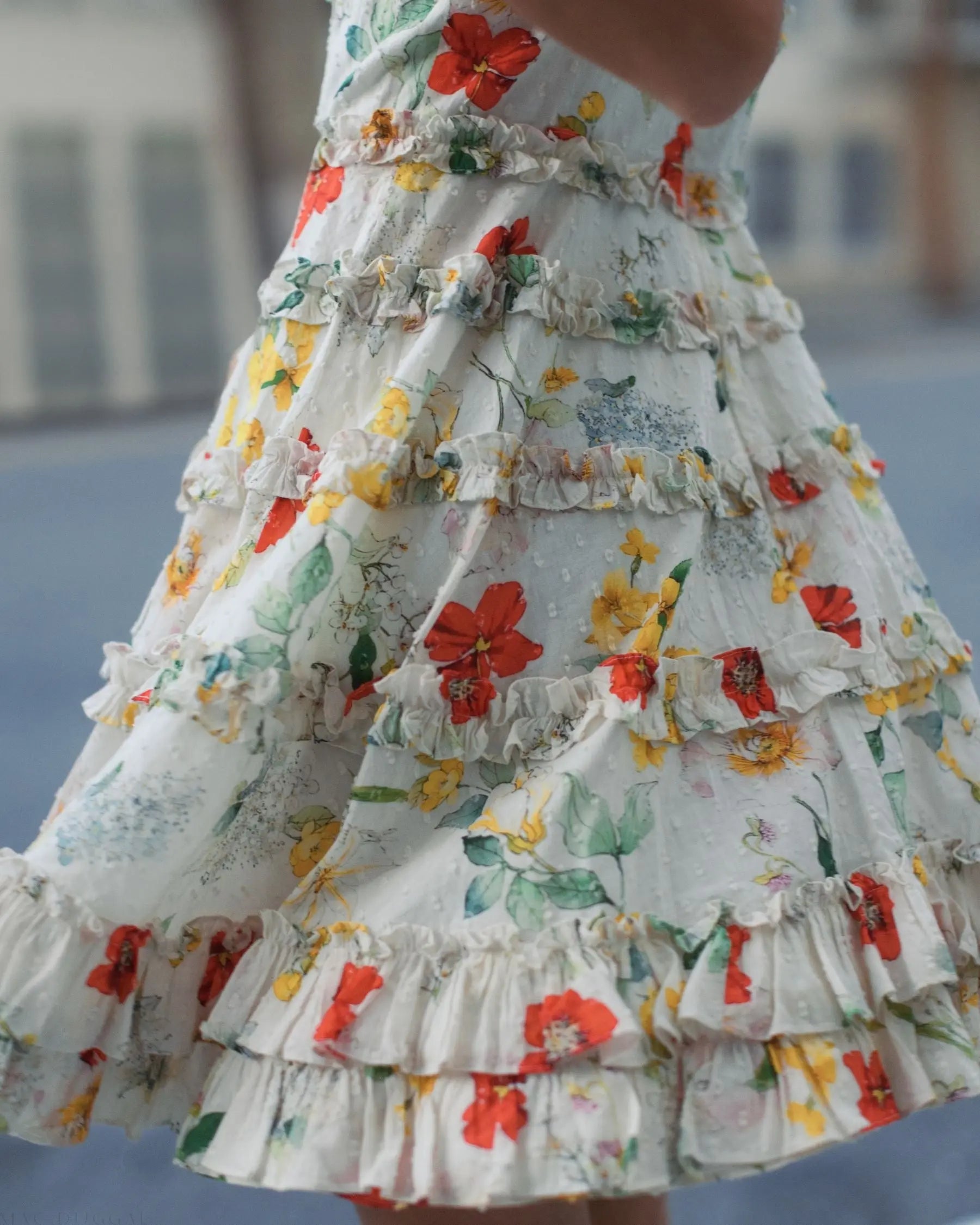 Ivory Floral Square Neck Ruffle Mini Dress