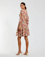 Multicolor Ruffle Floral V Neck Cotton Mini Dress