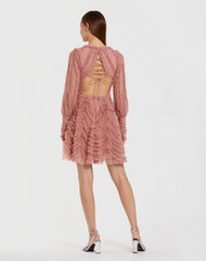 Pink Ruffle Lace Up Back Long Sleeve Mini Dress