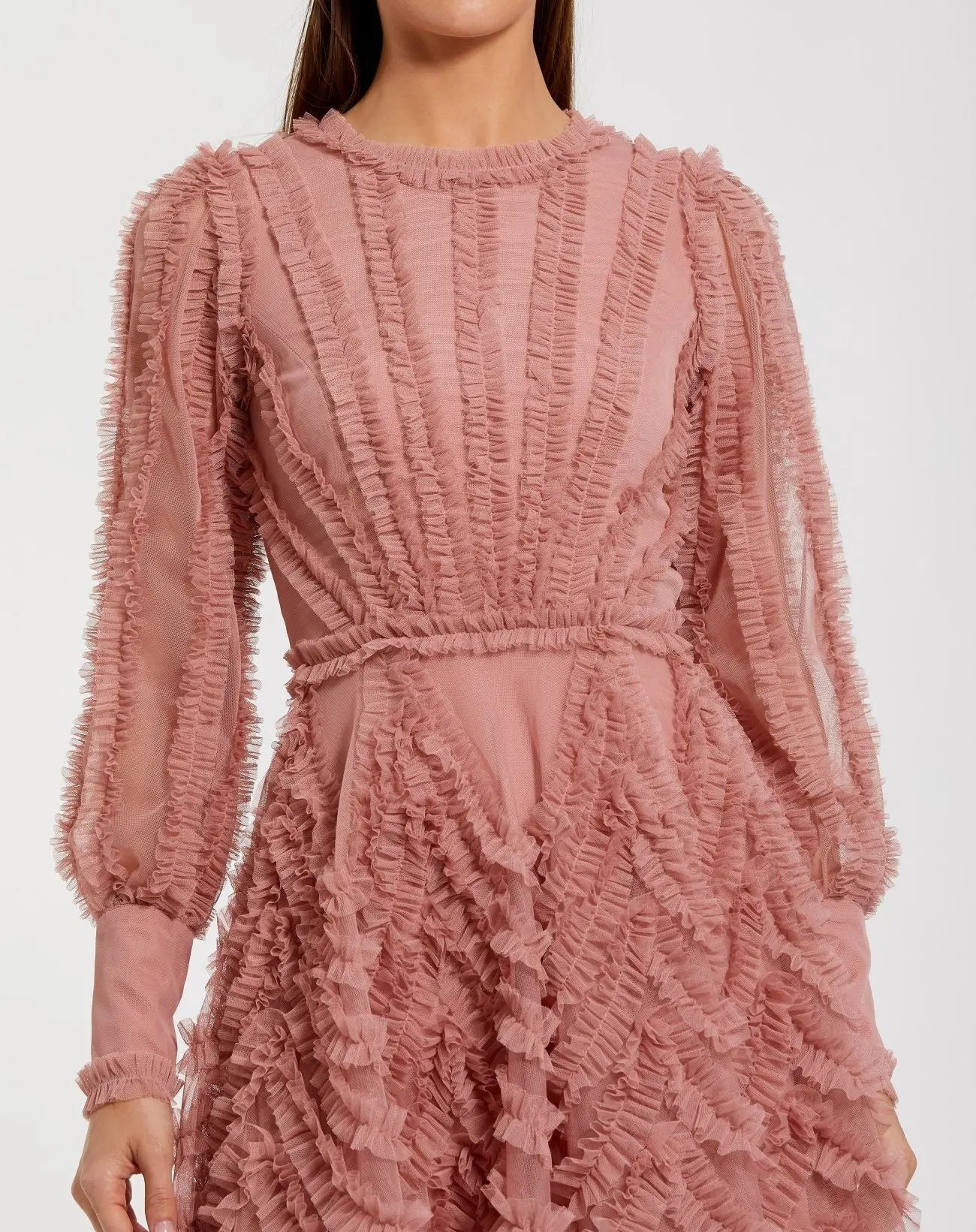 Pink Ruffle Lace Up Back Long Sleeve Mini Dress