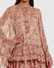 Pink Floral Long Sleeve Ruffle Mini Dress