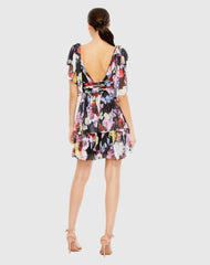 Multicolor Floral Print Ruffled Sleeveless Soft Tie Dress